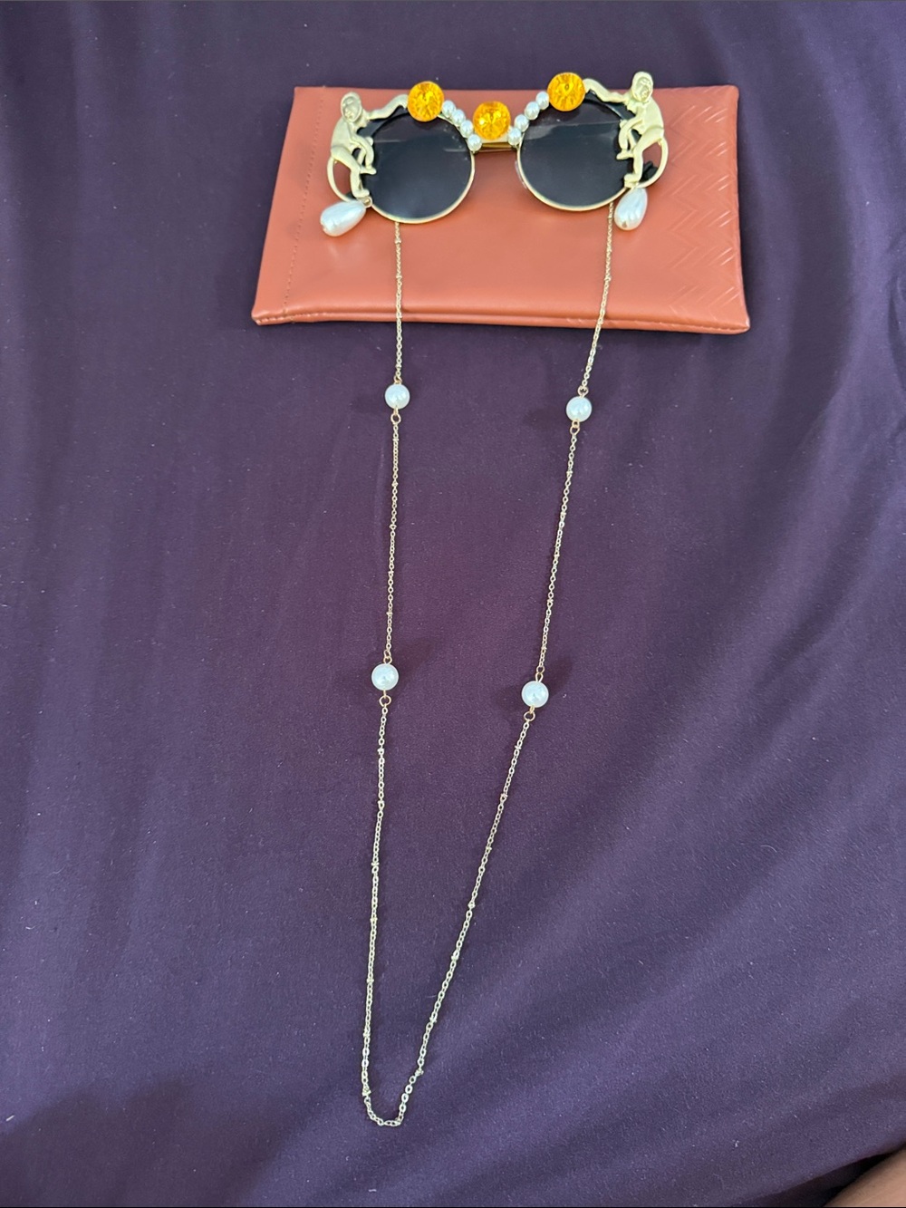 Meghan LA Gold Sunglass Chain with White Pearls and Amber Accents